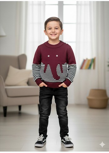 Bordo Zebra Desenli Erkek Çocuk Kazak