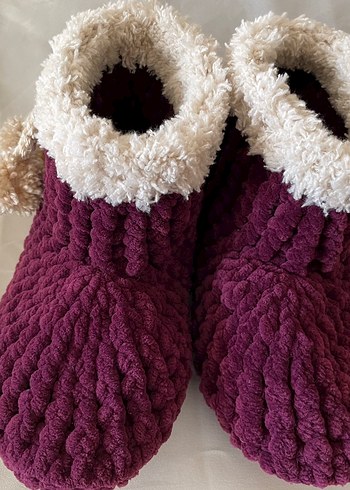 Bordo Nakışlı Kız Çocuk Örgü Ev Terliği - Görsel 11