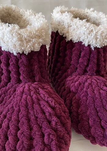 Bordo Nakışlı Kız Çocuk Örgü Ev Terliği - Görsel 5