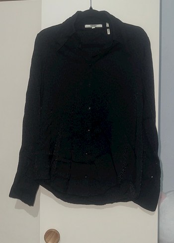 Siyah saten leopar desen  Düğmeli Uzun Kollu Gömlek - Görsel 2