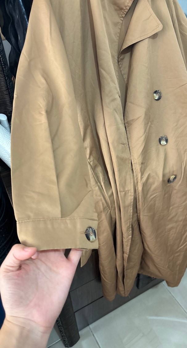 Düğmeli Bej Uzun Keten Kadın Trençkot - Görsel 2