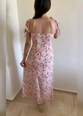 m Beden Pembe Çiçekli Uzun Straplez Elbise