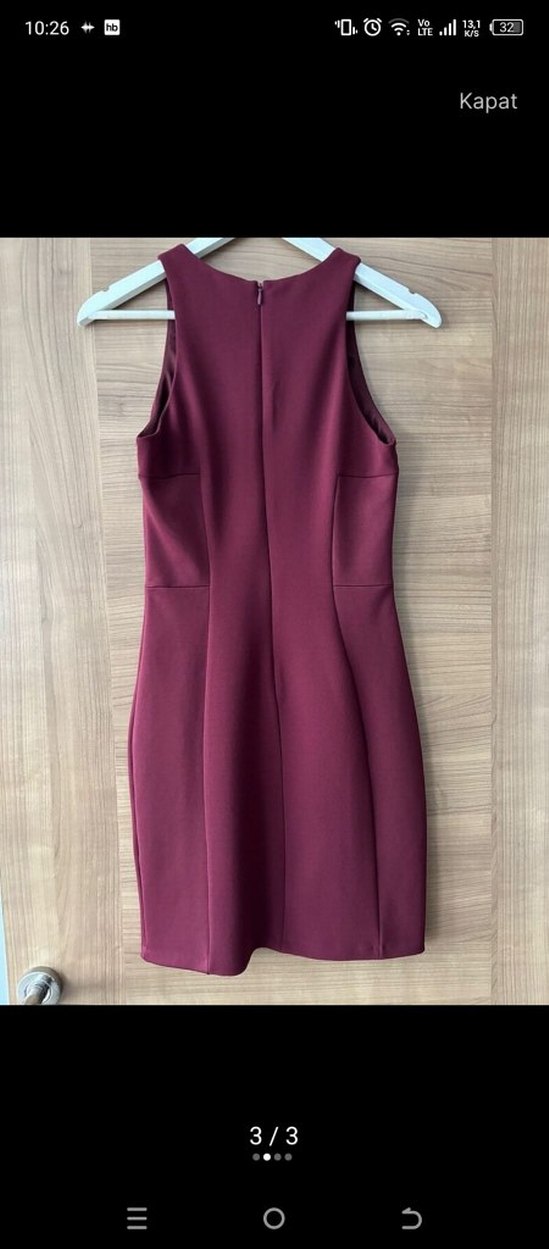 Bordo Uzun Kollu Drapeli Kalem Elbise - Görsel 3