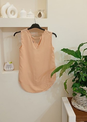 Bej Kolsuz V Yaka Keten Mini Bluz - Görsel 2