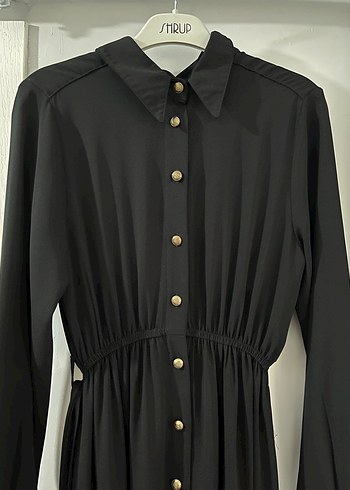 Uzun Siyah Düğmeli Kadın Elbise - Görsel 4