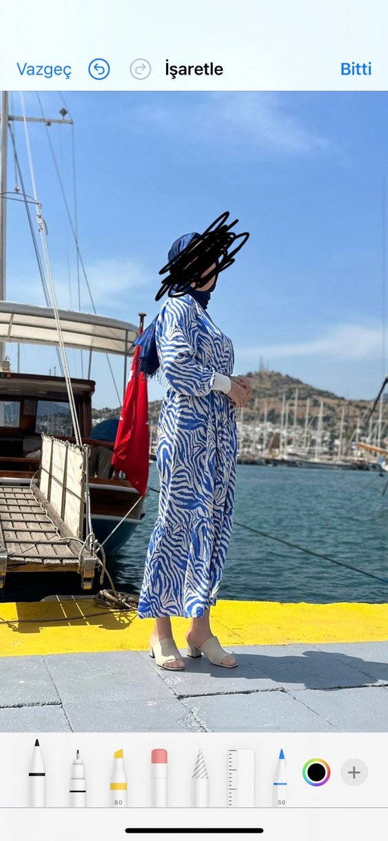 Mavi Zebra Desenli Uzun Pliseli Elbise - Görsel 4