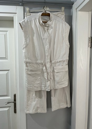 Kemerli Kolsuz Keten Beyaz Mini Yelek alt üst kantolon takım - Görsel 2