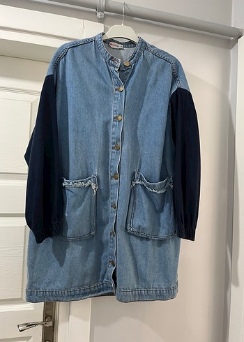 Kadın Gri Mavi Düğmeli Uzun Denim Ceket - Görsel 3