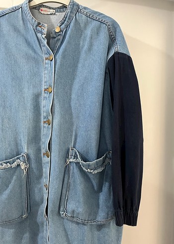 Kadın Gri Mavi Düğmeli Uzun Denim Ceket - Görsel 5