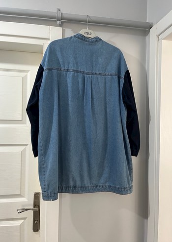 Kadın Gri Mavi Düğmeli Uzun Denim Ceket - Görsel 8