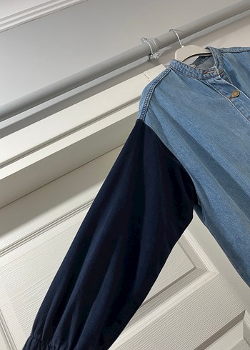 Kadın Gri Mavi Düğmeli Uzun Denim Ceket - Görsel 2