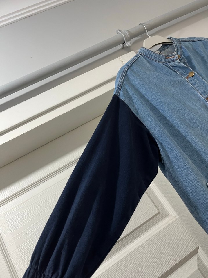 Kadın Gri Mavi Düğmeli Uzun Denim Ceket - Görsel 2