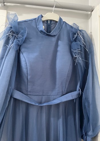 Uzun Kollu Mavi Drapeli Abiye Elbise - Görsel 4