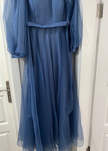 Uzun Kollu Mavi Drapeli Abiye Elbise - Görsel 5