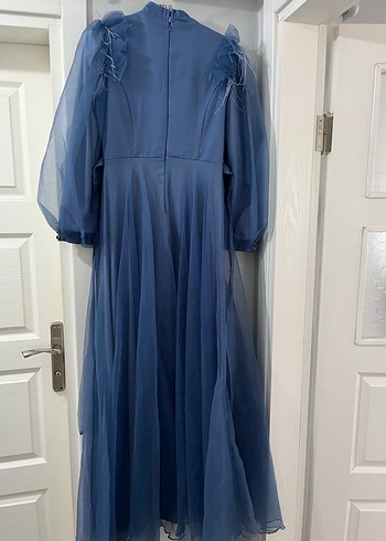 Uzun Kollu Mavi Drapeli Abiye Elbise - Görsel 6