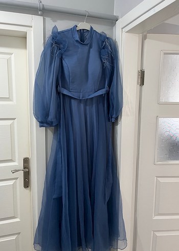 Uzun Kollu Mavi Drapeli Abiye Elbise - Görsel 2