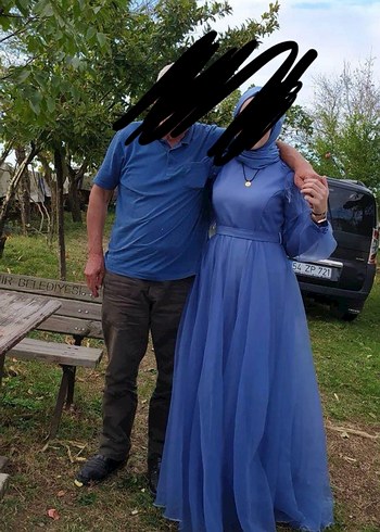 Uzun Kollu Mavi Drapeli Abiye Elbise - Görsel 8