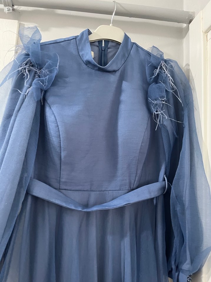 Uzun Kollu Mavi Drapeli Abiye Elbise - Görsel 4