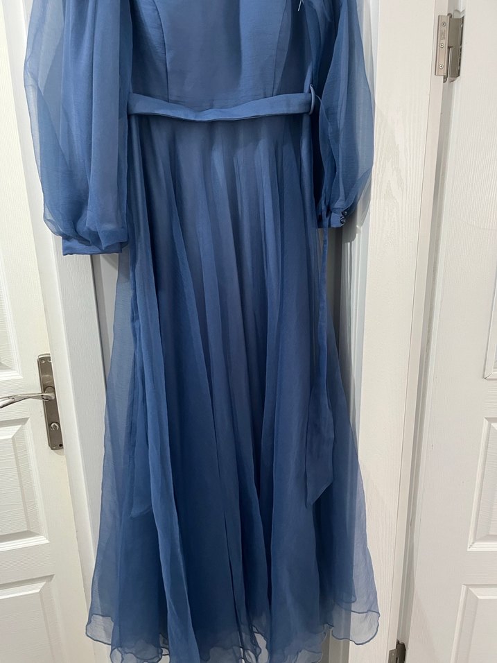 Uzun Kollu Mavi Drapeli Abiye Elbise - Görsel 5