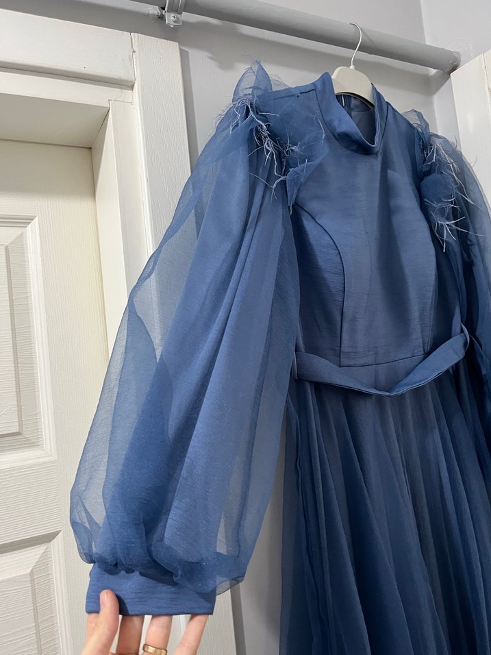 Uzun Kollu Mavi Drapeli Abiye Elbise - Görsel 3