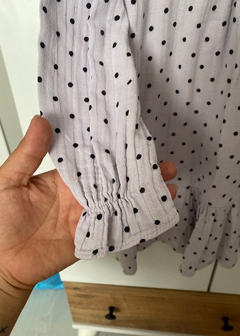 18-24 Ay Beden mor Renk Koton kız bebek elbiseGri Puantiyeli Uzun Kollu Kız Elbise