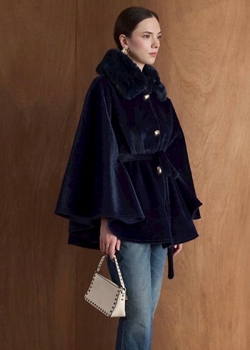 Kadın Lacivert Kürklü Yakalı Panço - Görsel 2