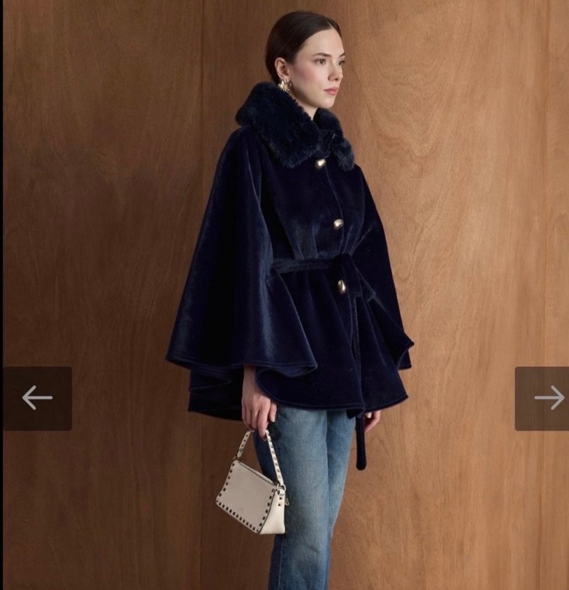 Kadın Lacivert Kürklü Yakalı Panço - Görsel 2