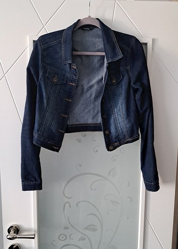 Kadın Lacivert Denim Crop Kot Ceket