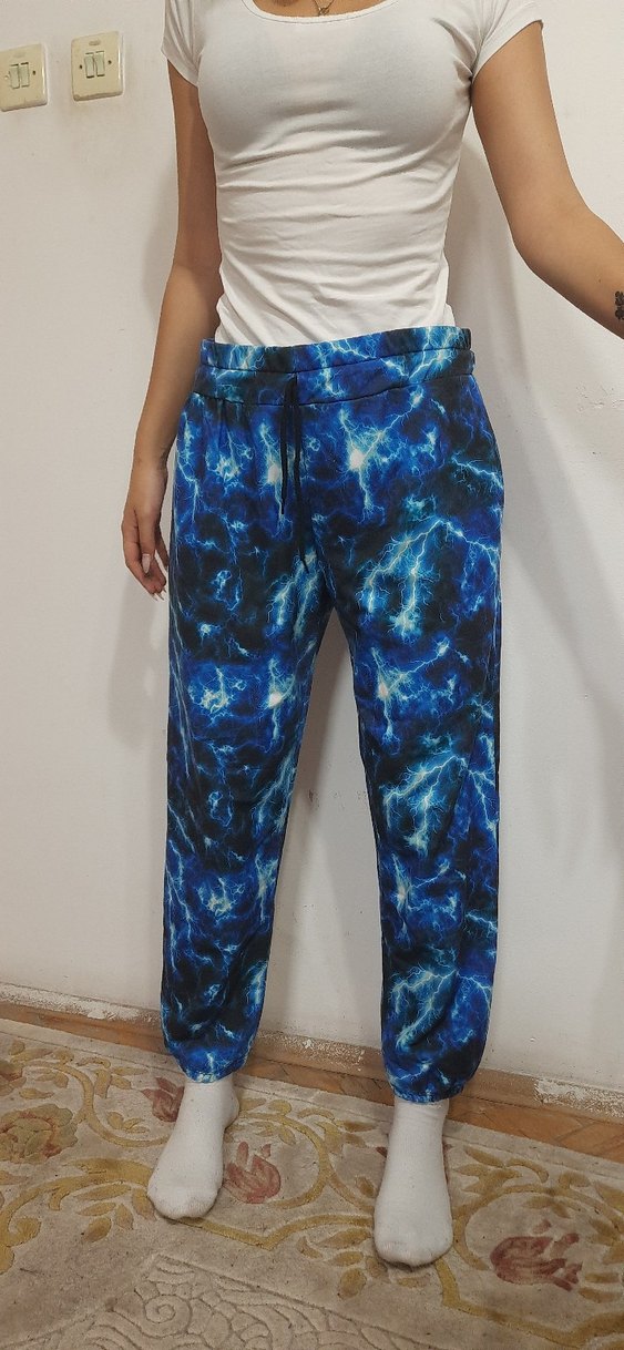 Mavi Bağlama Desenli Rahat Kesim Kadın Pantolon - Görsel 2