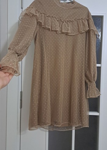 Bej Uzun Kollu Midi Elbise veya tunik