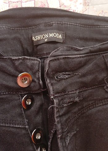 Düğmeli Siyah Rahat Kesim Kadın Kot Pantolon - Görsel 2