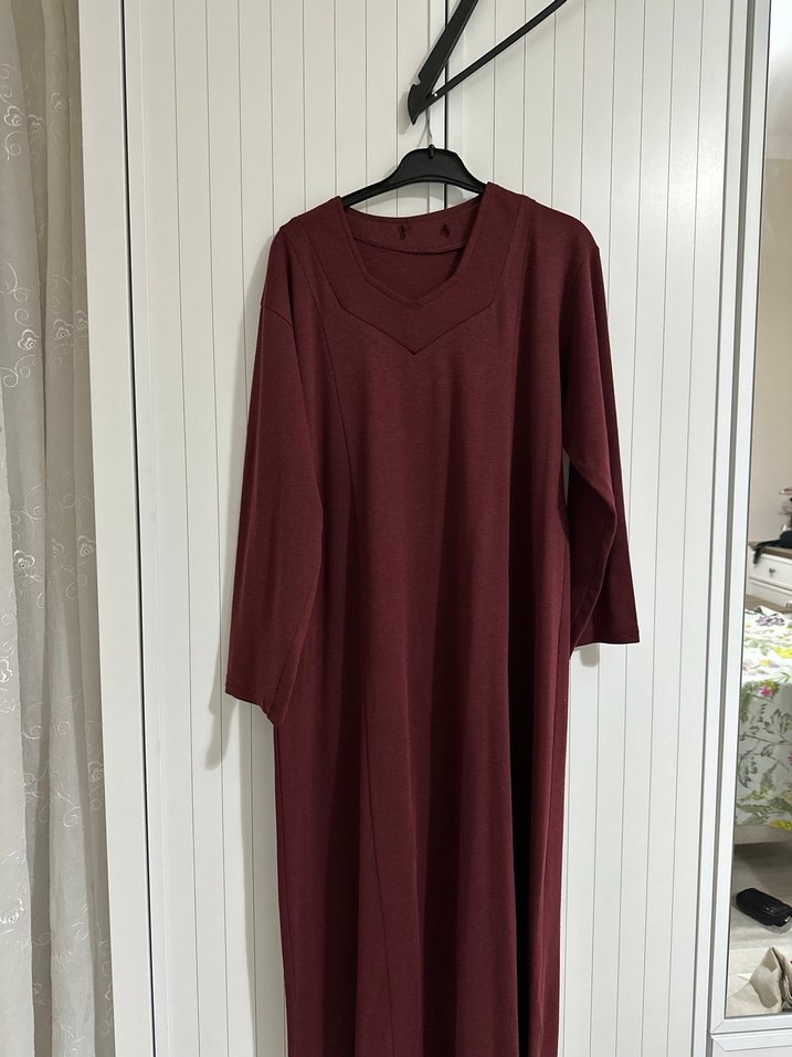 Bordo V Yaka Uzun Salaş Elbise - Görsel 2