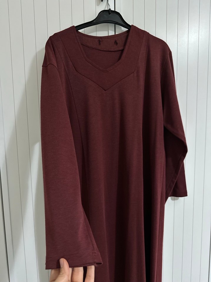 Bordo V Yaka Uzun Salaş Elbise - Görsel 3