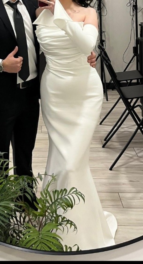 Uzun Kollu Straplez Beyaz elbise - Görsel 2