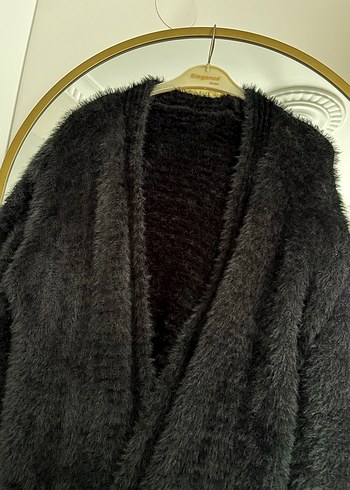 diğer Beden Siyah Uzun Peluş Triko Kadın Hırka