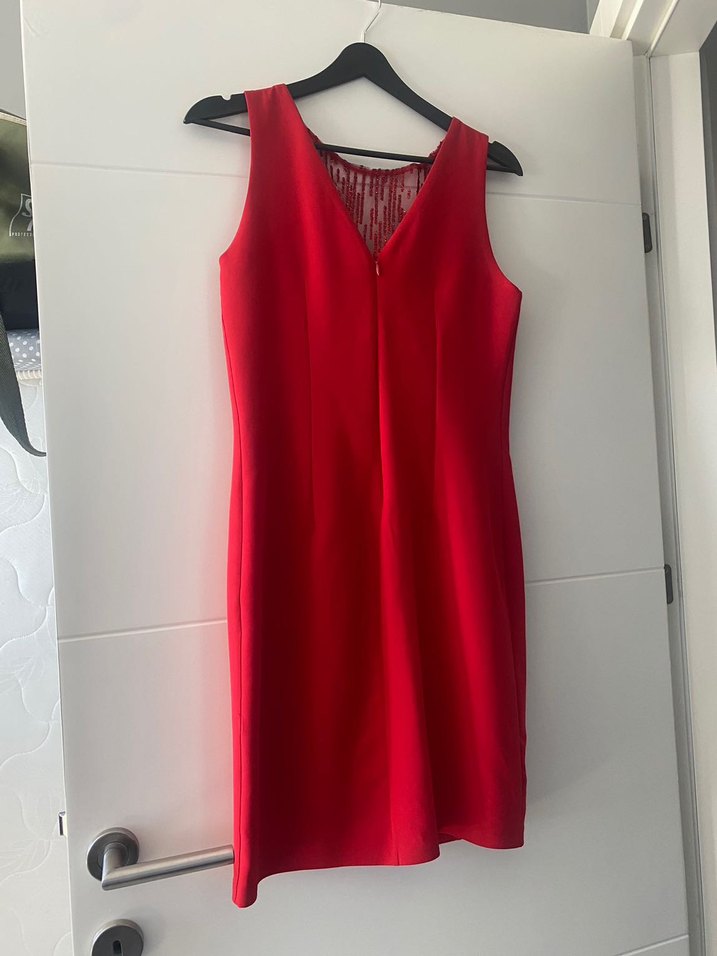 Kırmızı V Yakalı Drapeli Midi Abiye Elbise - Görsel 2