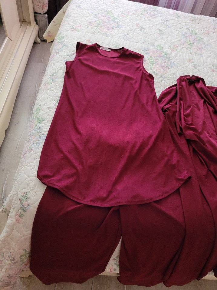 Mürdüm renkli tesettür 3 lu takım pantolonlu ve iç badili - Görsel 3