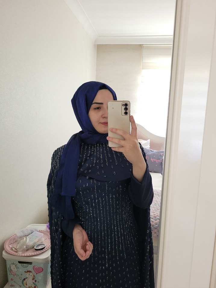 Lacivert Drapeli Uzun Tesettür Abiye Elbise - Görsel 2