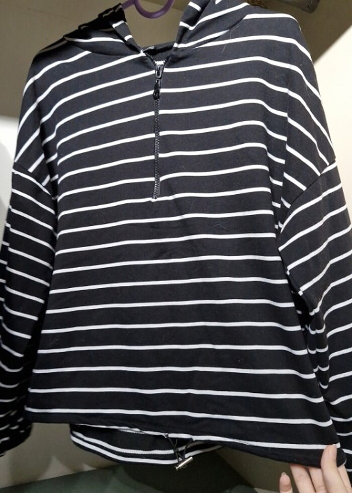 çizgili fermuarlı kapüşonlu sweatshirt - Görsel 4