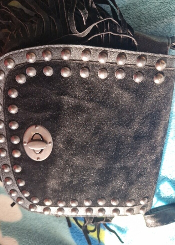 deri kadife detaylı püsküllü kol çantası gotik - Görsel 4