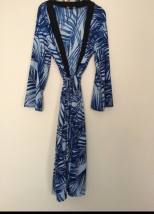 Mavi kimono bol yelek uzun kimono 