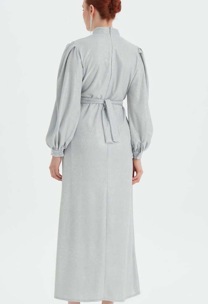 Gri Uzun Kollu Drapeli Kadın Abiye Elbise - Görsel 3