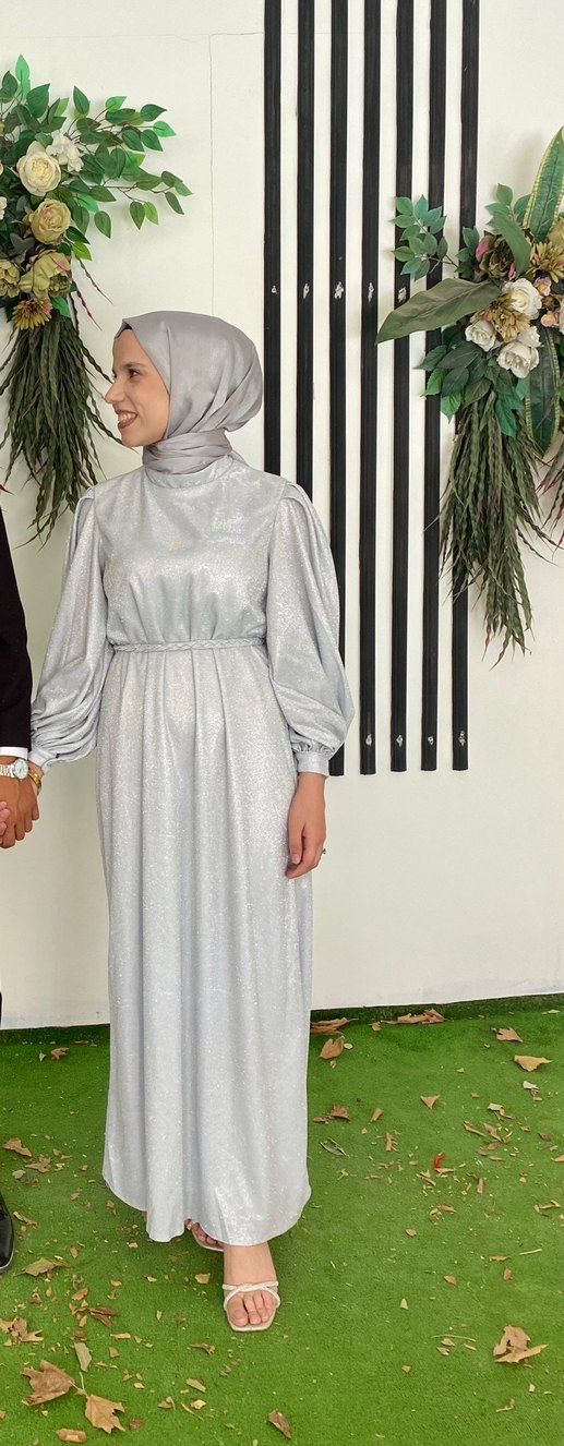 Gri Uzun Kollu Drapeli Kadın Abiye Elbise - Görsel 4