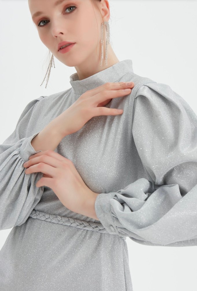 Gri Uzun Kollu Drapeli Kadın Abiye Elbise - Görsel 2