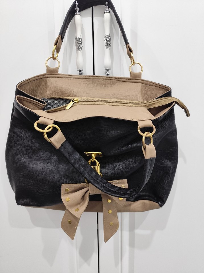 Kilitli Siyah Bej Deri Kadın Çanta - Görsel 4