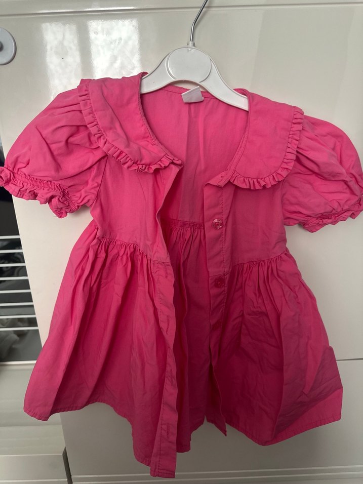 Pembe Keten Kız Elbise, Fırfırlı, Kısa Kollu - Görsel 2