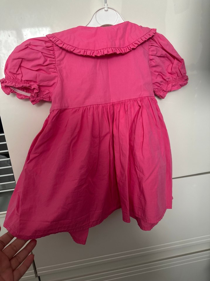 Pembe Keten Kız Elbise, Fırfırlı, Kısa Kollu - Görsel 4