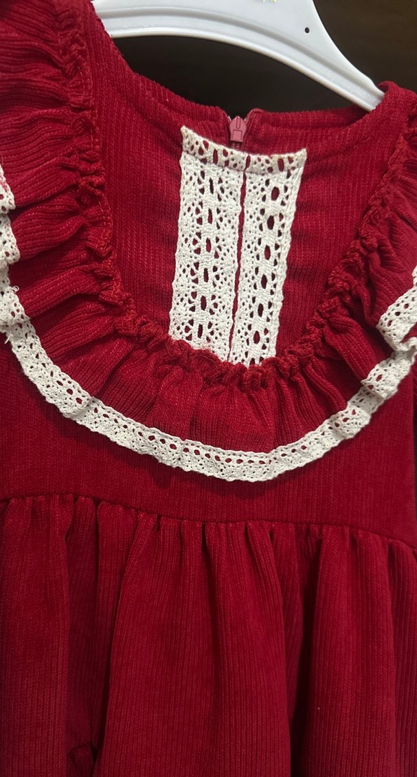 Bordo Nakışlı Fırfırlı  kadife Kız Elbisesi - Görsel 2