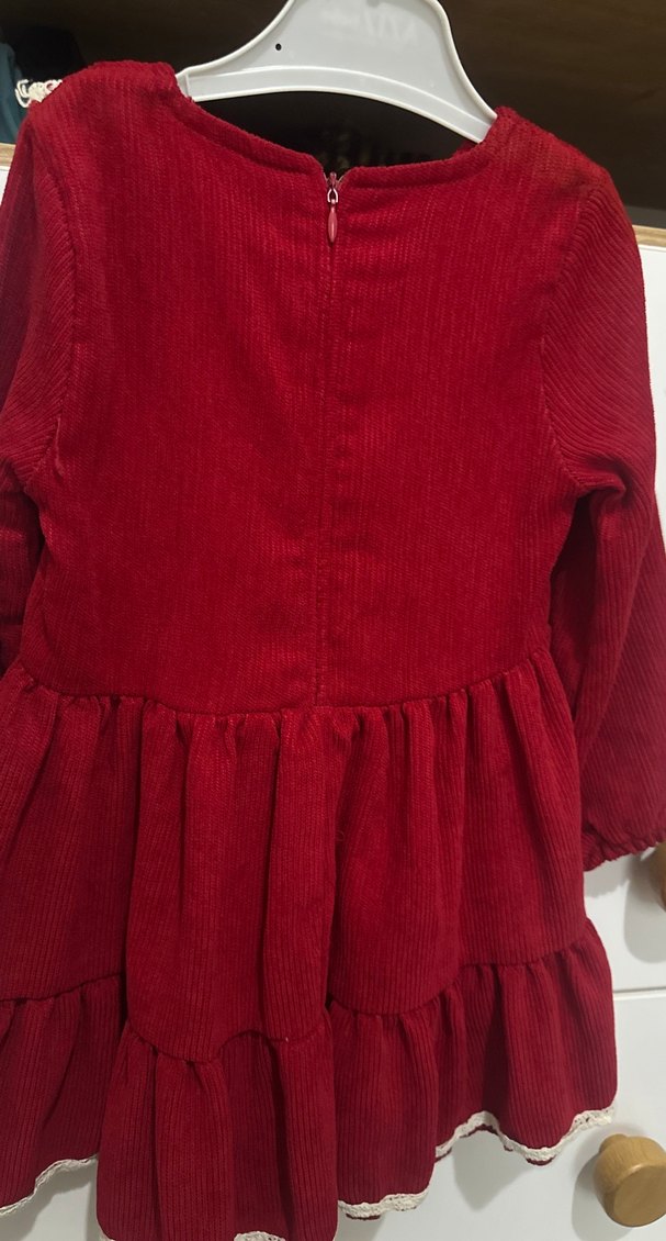 Bordo Nakışlı Fırfırlı  kadife Kız Elbisesi - Görsel 4