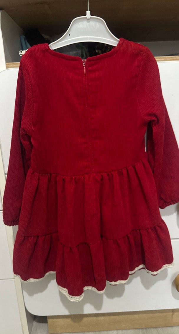 Bordo Nakışlı Fırfırlı  kadife Kız Elbisesi - Görsel 3